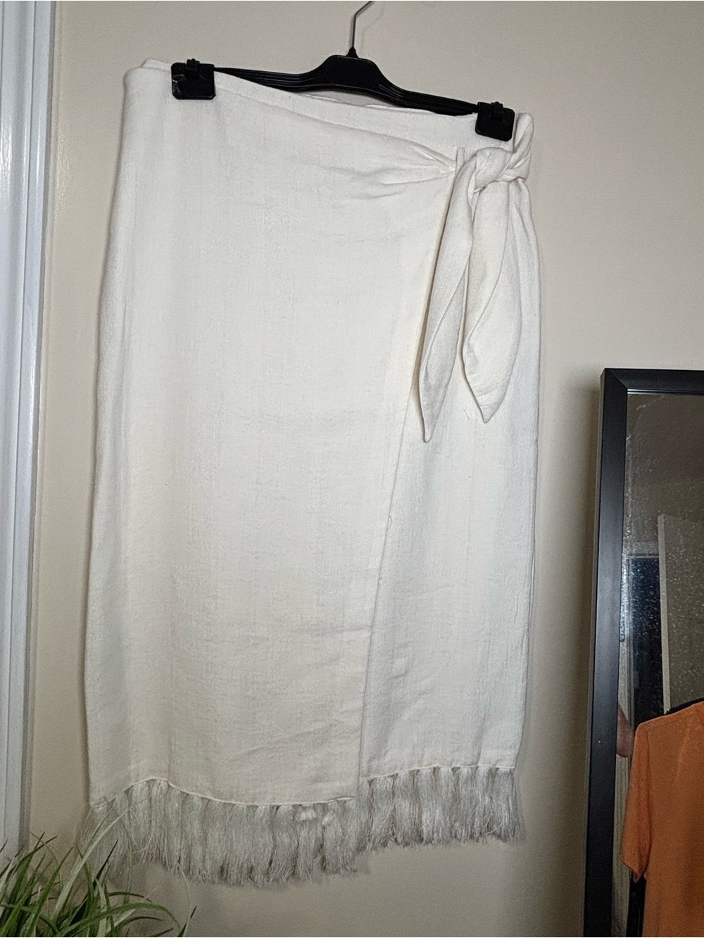 NWT MNG Mango White Wrap Tie Fringe Midi Skirt Size XL